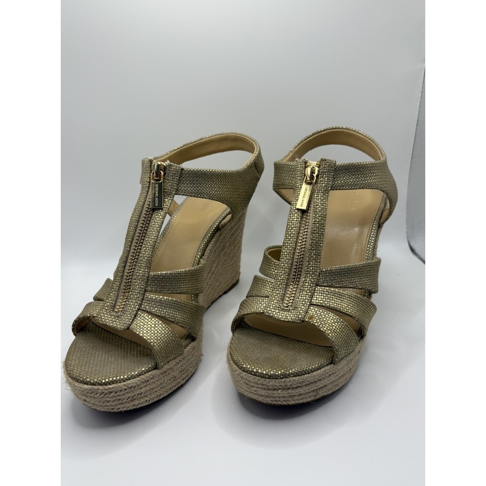 Michael Kors Wedge Sandals Womens 9M Gold Metallic Front Zip Espadrille PW16K